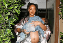 Një nënë me stil si Rihanna, ylli fotografohet duke mbërritur në restorant me djalin e saj në krahë