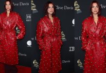 Dua Lipa mahnit me një pallto lëkure të kuqe të stolisur, teksa u bashkohet yjeve në Pre-Grammy