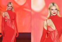 Kendall Jenner duket magjepsëse në një fustan të kuq, gjatë shfaqjes së “L’Oreal” në Javën e Modës në Paris