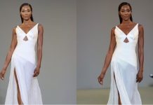 Naomi Campbell modelon një fustan elegant të bardhë, teksa hap sfilatën e Del Core gjatë Javës së Modës në Milano